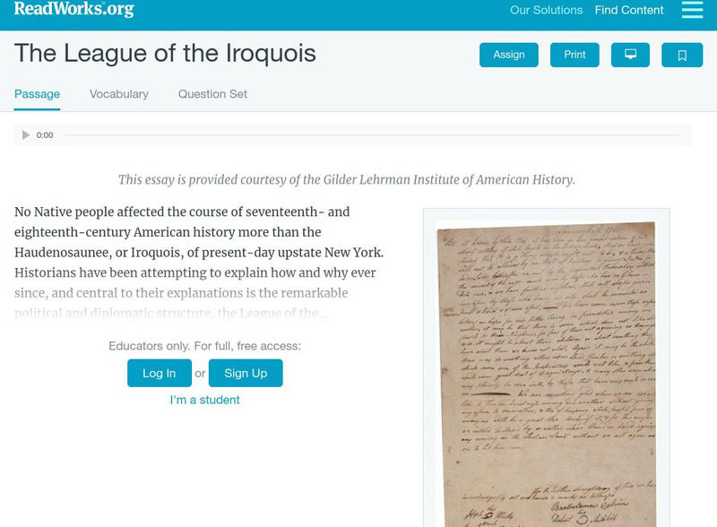 Read Works: Passages: "The League of the Iroquois" by Matthew Dennis Article Read Works: Passages: "The League of the Iroquois" by Matthew Dennis Article