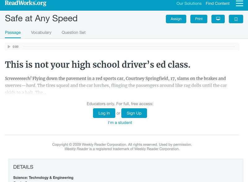 Read Works: Safe at Any Speed by Pearl Tesler Article Read Works: Safe at Any Speed by Pearl Tesler Article