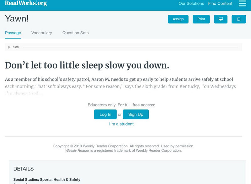 Read Works: Yawn! By Dan Risch Article Read Works: Yawn! By Dan Risch Article