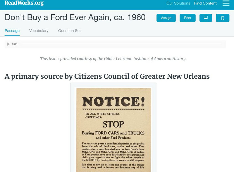 Read Works: Passages: Don't Buy a Ford Ever Again, Ca. 1960 Unit Plan Read Works: Passages: Don't Buy a Ford Ever Again, Ca. 1960 Unit Plan