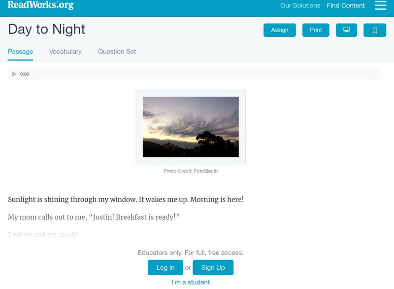 Read Works: Day to Night Activity Read Works: Day to Night Activity