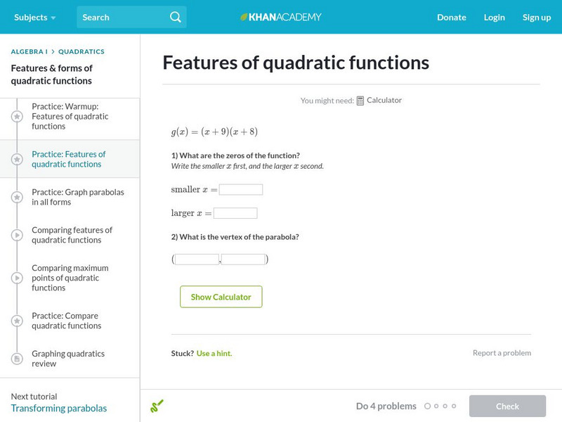Khan Academy: Features of Quadratic Functions Unit Plan