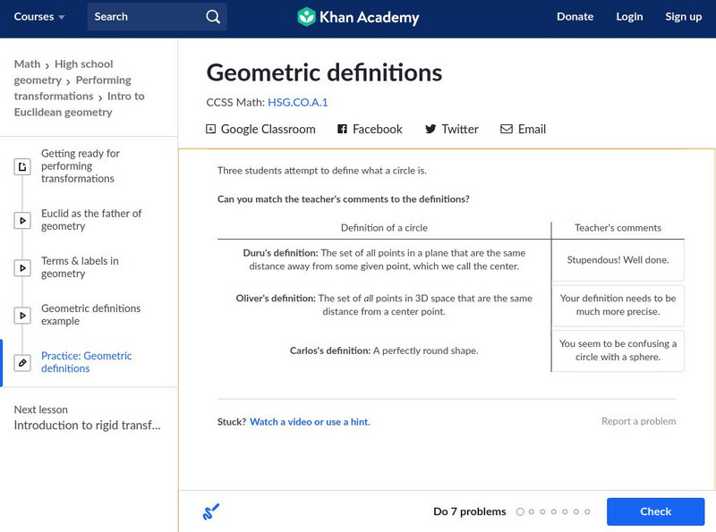 Khan Academy: Geometric Definitions Unknown Type