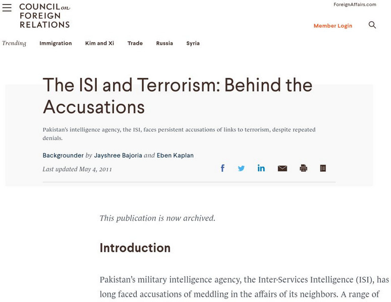 Council on Foreign Relations: The Isi and Terrorism: Behind the Accusations Interactive