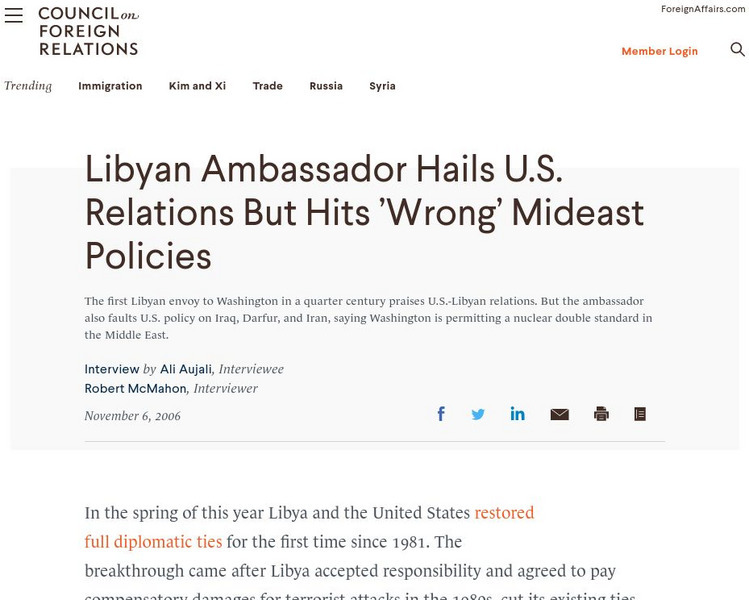 Cfr: Libyan Ambassador Hails u.s. Relations but Hits 'Wrong' Mideast Policies Article