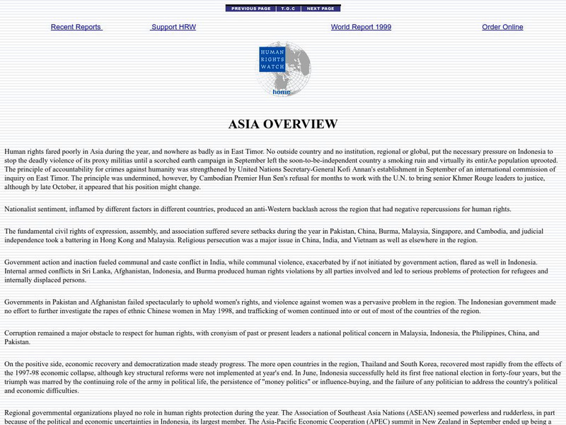 Human Rights Watch: Asia Overview 1999 Handout