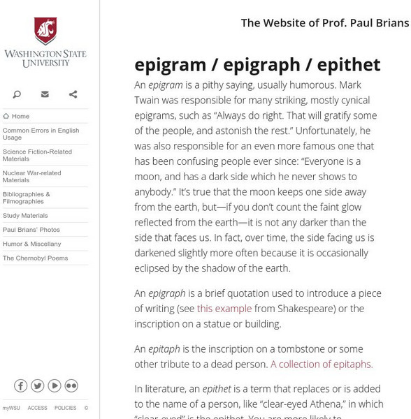 Washington State University: Epigram/epigraph/ Epitaph/epithet Handout Washington State University: Epigram/epigraph/ Epitaph/epithet Handout