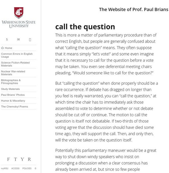 Washington State University: Call the Question Handout Washington State University: Call the Question Handout