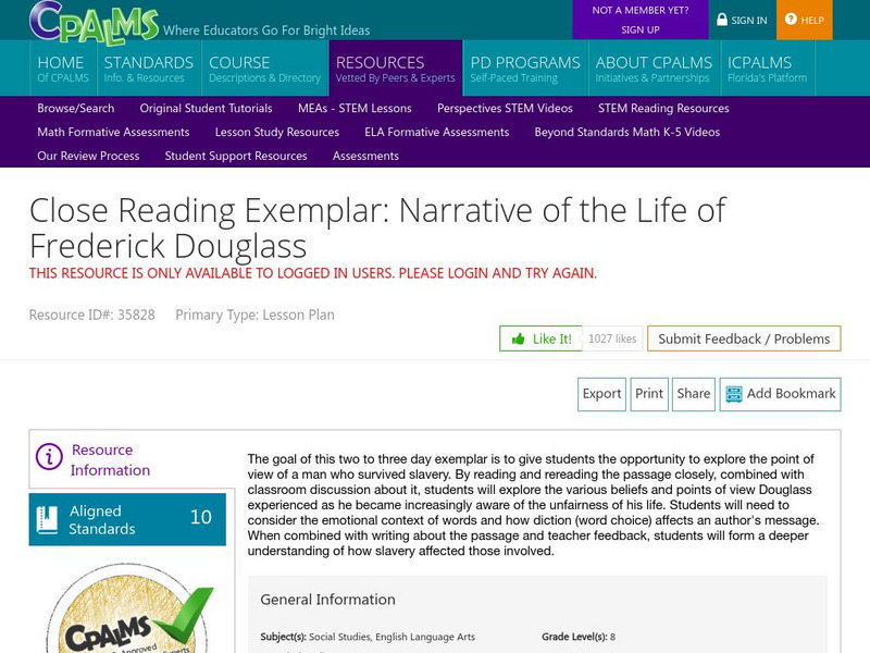 Cpalms: Close Reading Exemplar: Narrative of the Life of Frederick Douglass Lesson Plan Cpalms: Close Reading Exemplar: Narrative of the Life of Frederick Douglass Lesson Plan