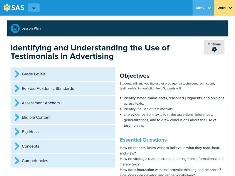 Pde: Sas: Identifying and Understanding Use of Testimonials in Advertising Lesson Plan Pde: Sas: Identifying and Understanding Use of Testimonials in Advertising Lesson Plan