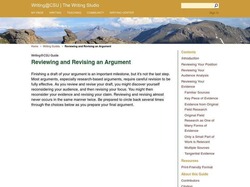 Colorado State Writing Center: Reviewing and Revising an Argument Handout Colorado State Writing Center: Reviewing and Revising an Argument Handout