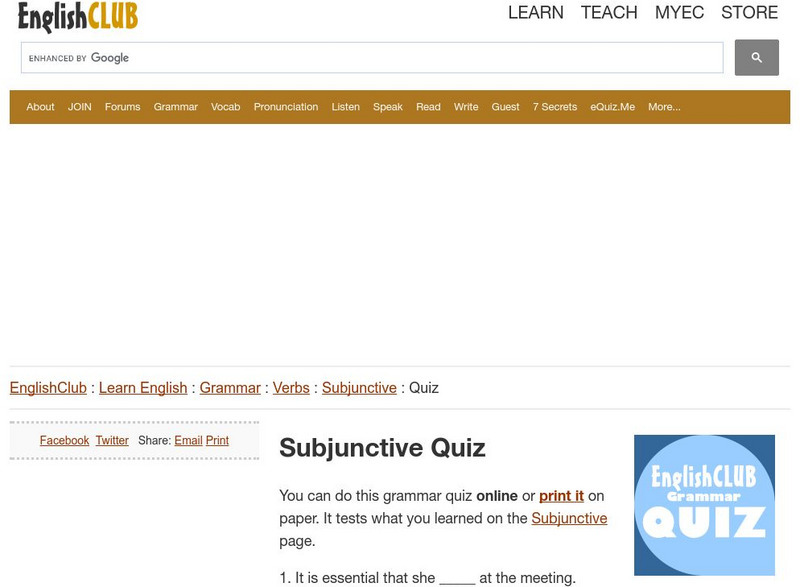 English Club: Learn English: Grammar: Verbs: Subjunctive Quiz Unknown Type English Club: Learn English: Grammar: Verbs: Subjunctive Quiz Unknown Type