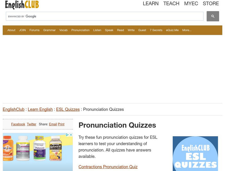 English Club: Learn English: Esl Quizzes: Pronunciation Quizzes Unknown Type English Club: Learn English: Esl Quizzes: Pronunciation Quizzes Unknown Type