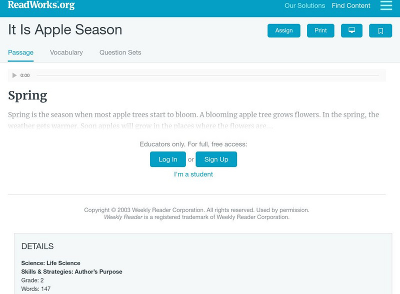 Read Works: It Is Apple Season Activity Read Works: It Is Apple Season Activity