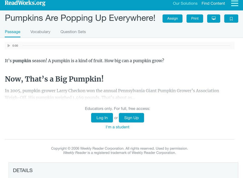 Read Works: Pumpkins Are Popping Up Everywhere! Activity Read Works: Pumpkins Are Popping Up Everywhere! Activity