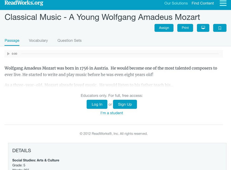 Read Works: Classical Music: Wolfgang Amadeus Mozart Activity Read Works: Classical Music: Wolfgang Amadeus Mozart Activity