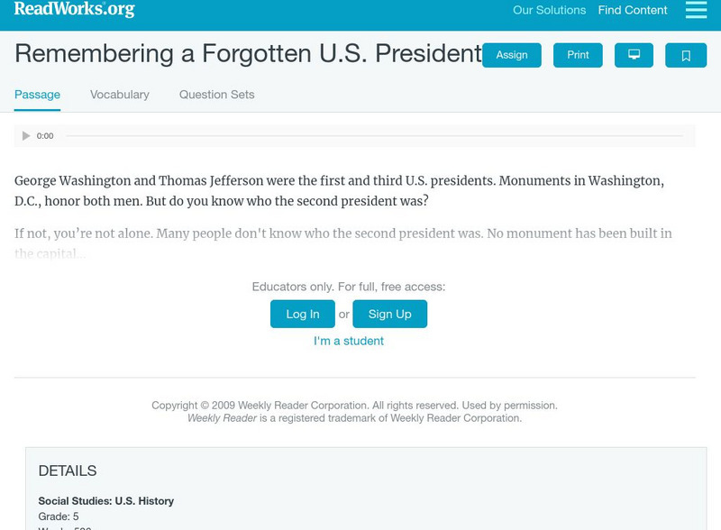Read Works: Remembering a Forgotten President Activity Read Works: Remembering a Forgotten President Activity