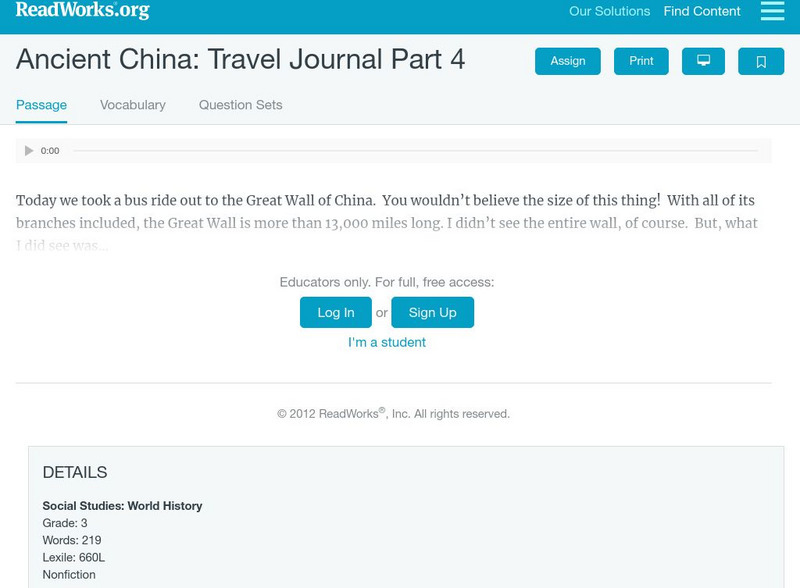 Read Works: Ancient China: Travel Journal Part 4 Activity Read Works: Ancient China: Travel Journal Part 4 Activity