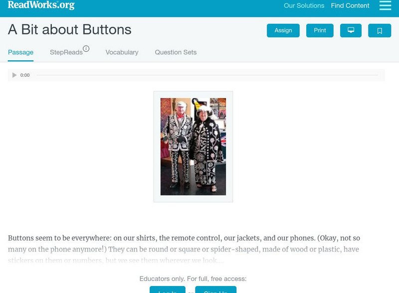 Read Works: A Bit About Buttons Activity Read Works: A Bit About Buttons Activity