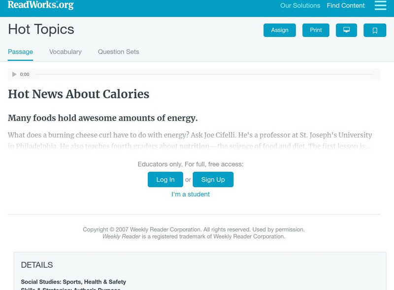 Read Works: Hot Topics: Hot News About Calories Activity