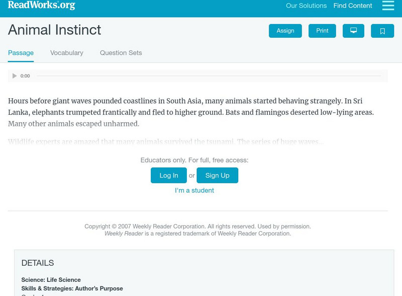 Read Works: Animal Instinct Activity Read Works: Animal Instinct Activity