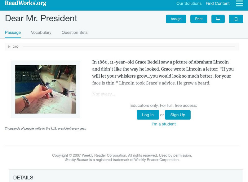 Read Works: Dear Mr. President Activity Read Works: Dear Mr. President Activity