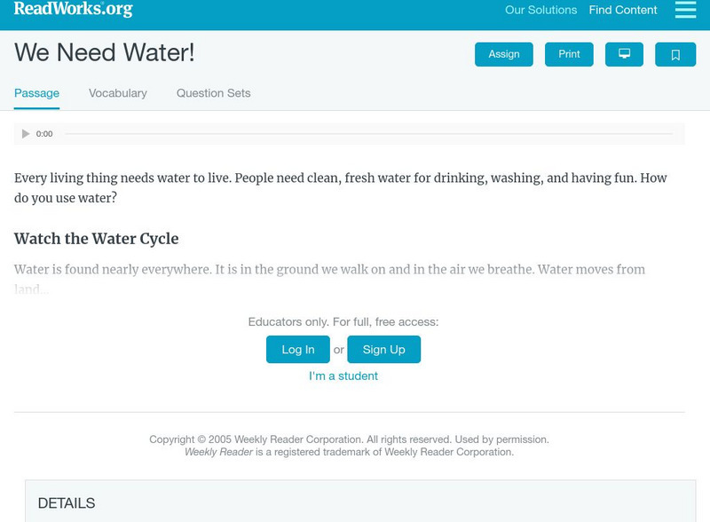 Read Works: We Need Water Activity Read Works: We Need Water Activity