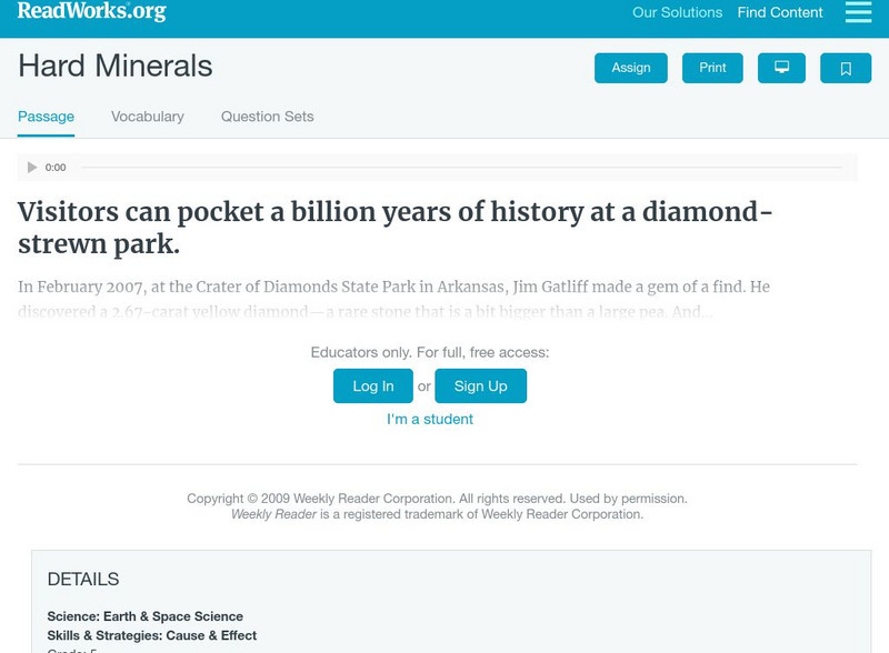 Read Works: Hard Minerals Activity Read Works: Hard Minerals Activity