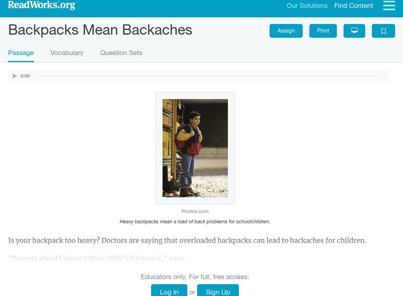 Read Works: Backpacks Mean Backaches Activity