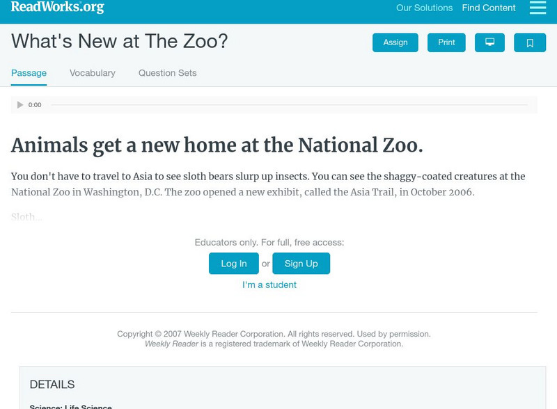 Read Works: What's New at the Zoo Activity Read Works: What's New at the Zoo Activity
