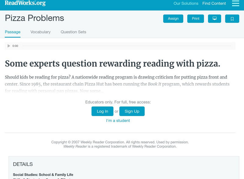 Read Works: Pizza Problems Activity Read Works: Pizza Problems Activity