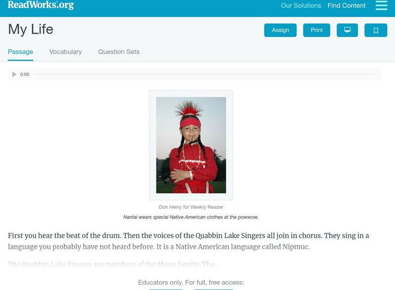 Read Works: My Life Activity