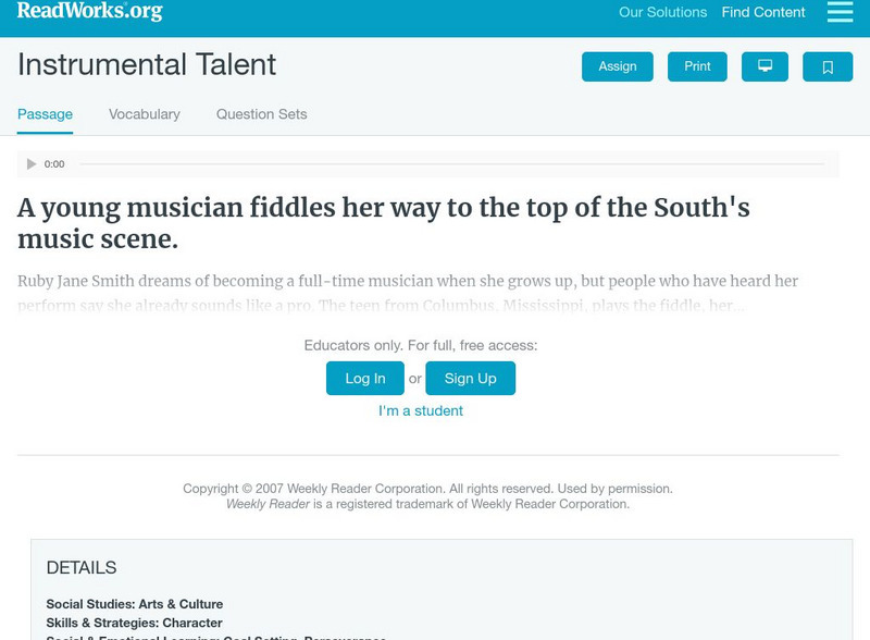 Read Works: Instrumental Talent Activity Read Works: Instrumental Talent Activity