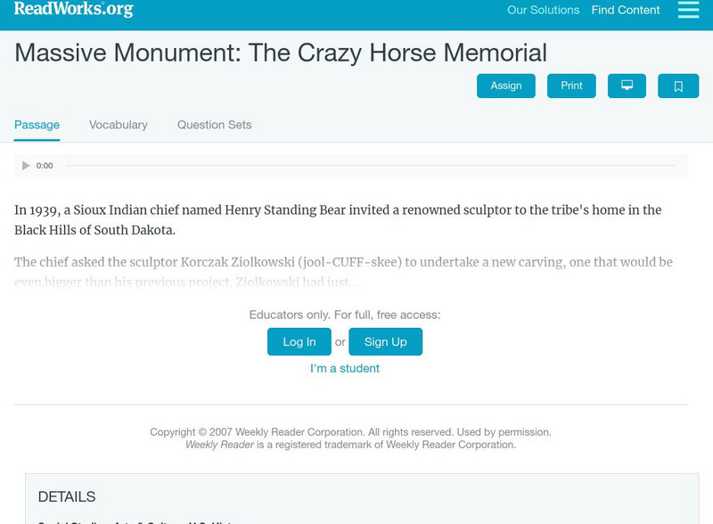 Read Works: Massive Monument: The Crazy Horse Memorial Activity