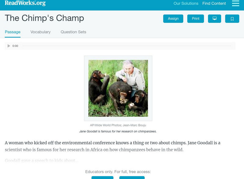 Read Works: The Chimps Champ Activity Read Works: The Chimps Champ Activity