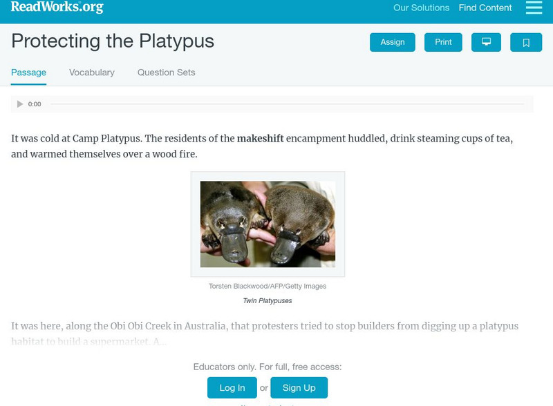 Read Works: Protecting the Platypus Activity Read Works: Protecting the Platypus Activity
