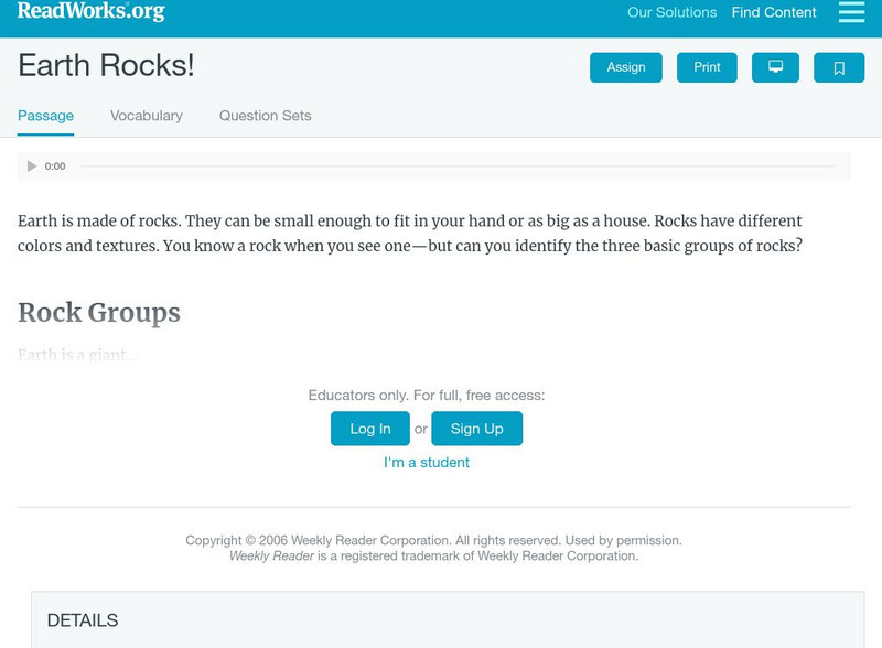 Read Works: Earth Rocks Activity Read Works: Earth Rocks Activity