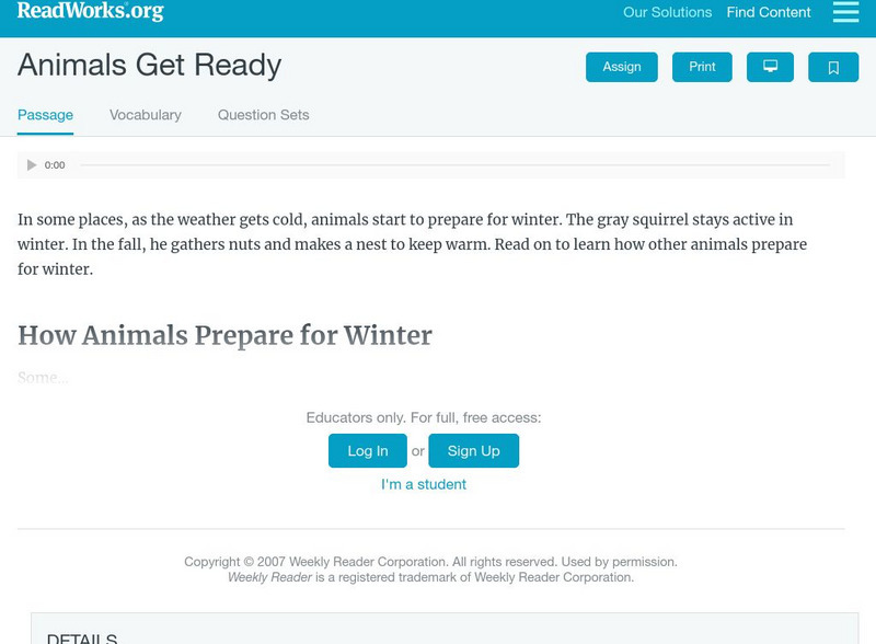 Read Works: Animals Get Ready Activity Read Works: Animals Get Ready Activity