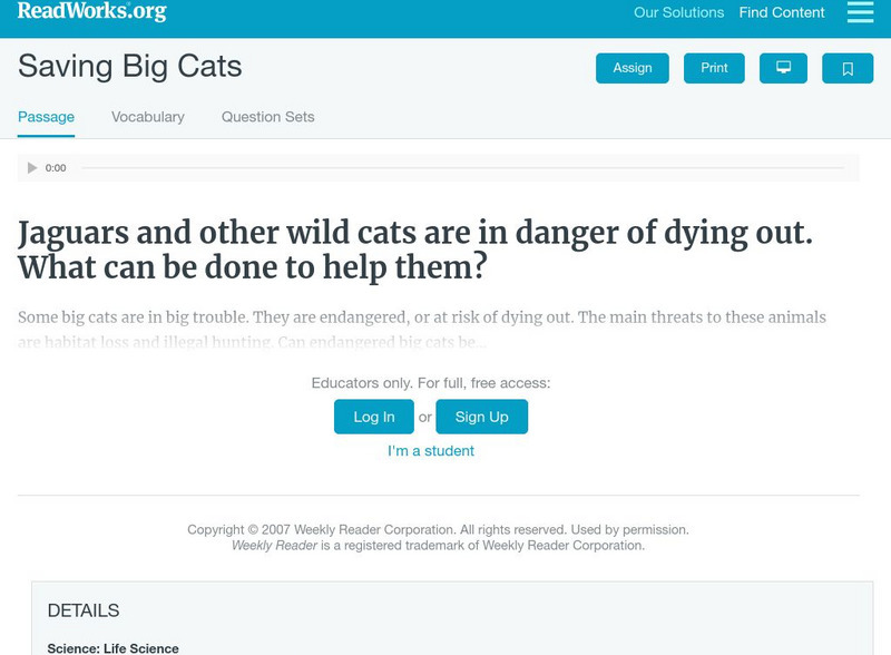 Read Works: Saving Big Cats Activity Read Works: Saving Big Cats Activity
