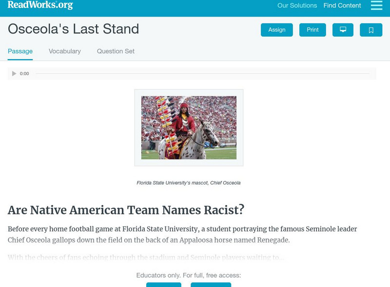 Read Works: Osceola's Last Stand Activity Read Works: Osceola's Last Stand Activity