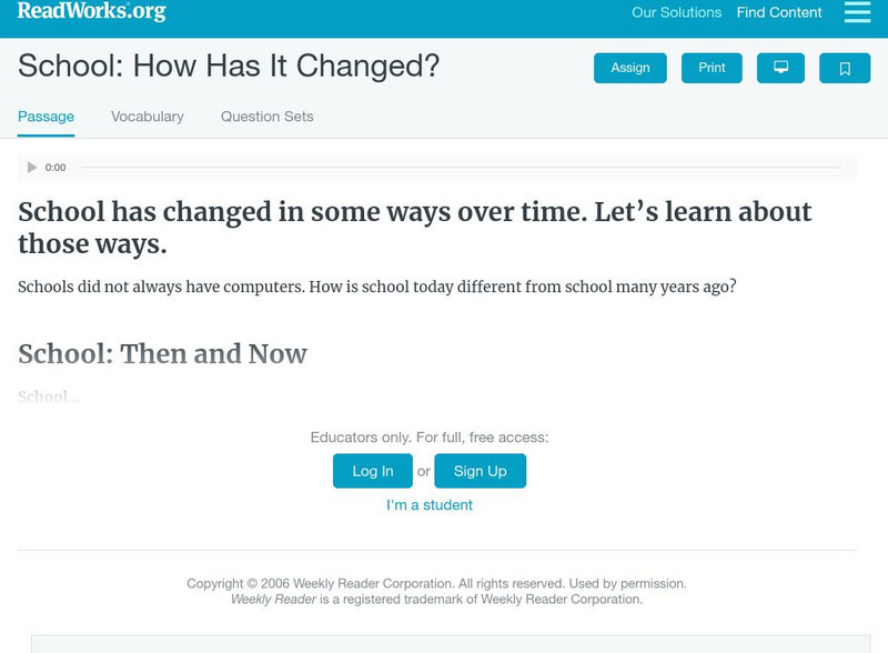 Read Works: School: How Has It Changed? Activity Read Works: School: How Has It Changed? Activity