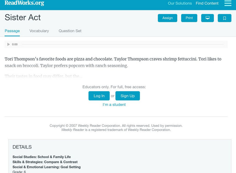Read Works: Sister Act Activity Read Works: Sister Act Activity