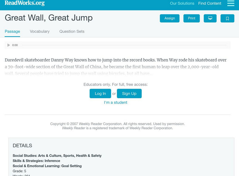 Read Works: Great Wall Great Jump Activity