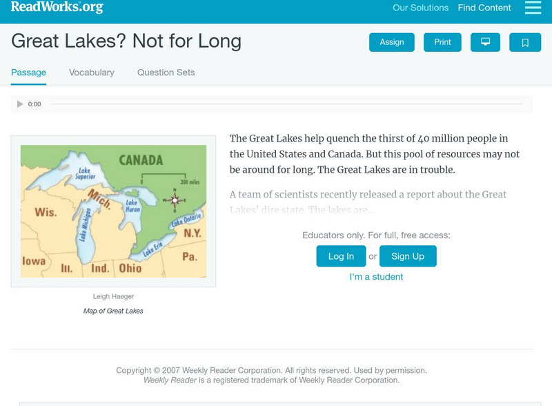 Read Works: Great Lakes? Not for Long Activity