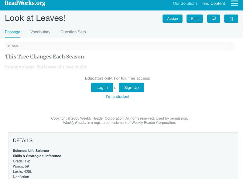 Read Works: Look at Leaves Activity Read Works: Look at Leaves Activity