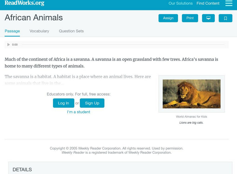 Read Works: African Animals Activity Read Works: African Animals Activity