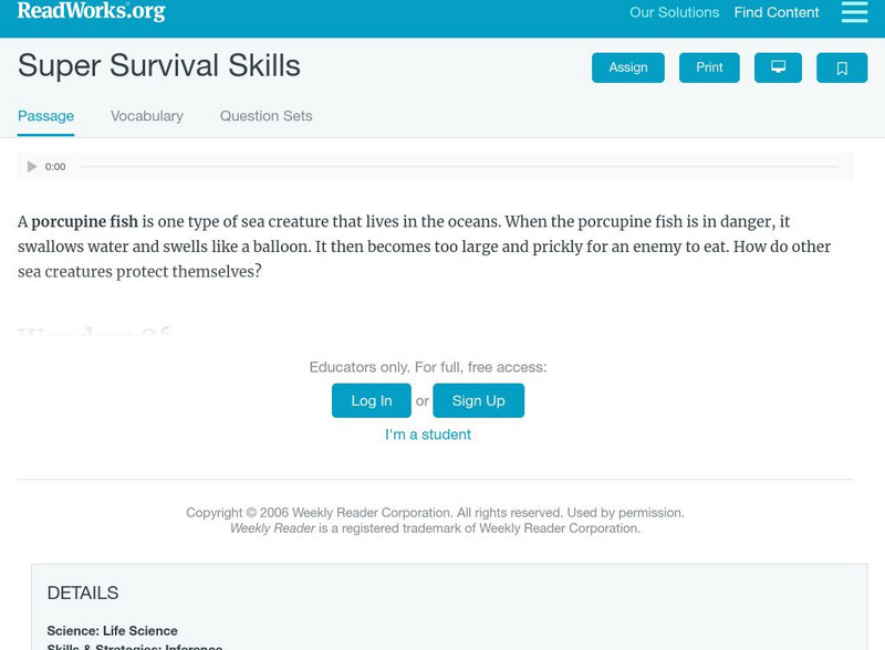 Read Works: Super Survival Skills Activity