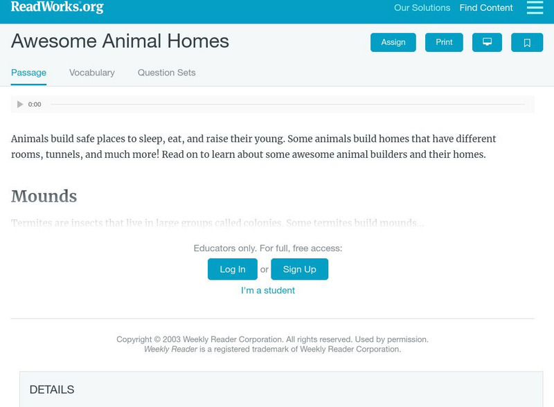 Read Works: Awesome Animal Homes Activity Read Works: Awesome Animal Homes Activity