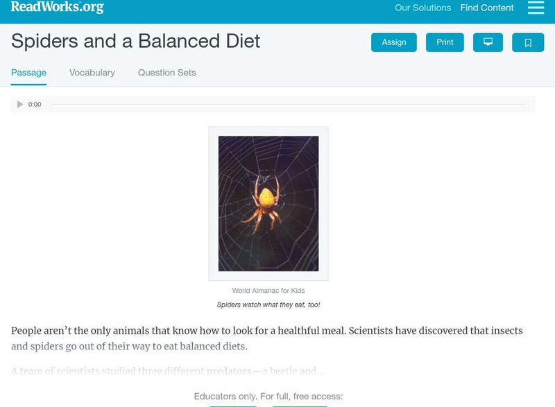 Read Works: Spiders and a Balanced Diet Activity Read Works: Spiders and a Balanced Diet Activity