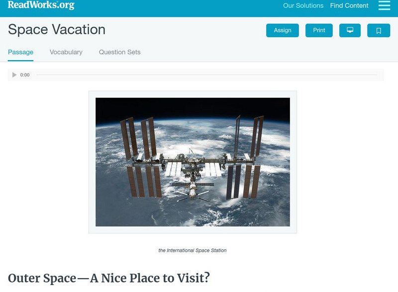 Read Works: Space Vacation Activity Read Works: Space Vacation Activity